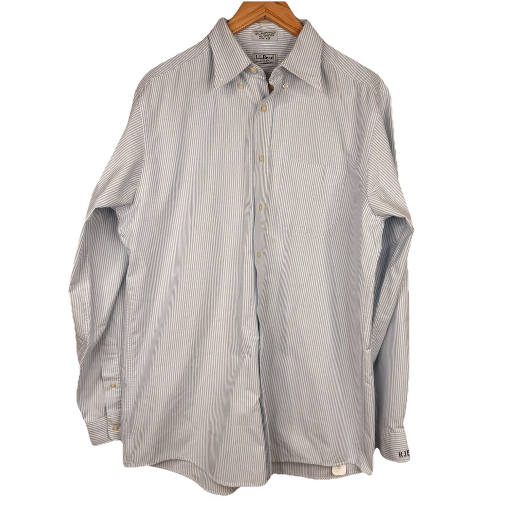 L.L. Bean Men's Blue White Striped Cotton Button Dress Shirt 16/36 SINGLE Needle